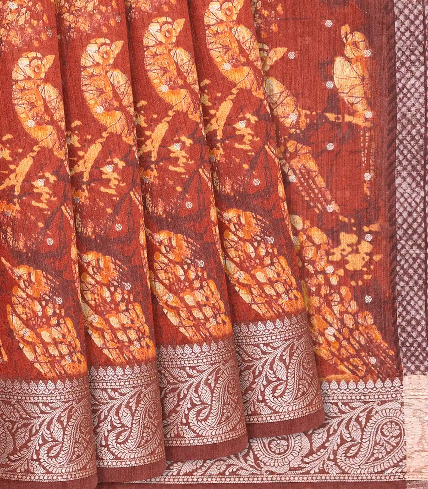 Rust Handwoven Printed Tussar Silk Saree With Bird Motifs-Rust