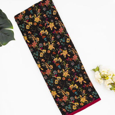 Black Woven Digital Printed Satin Silk Saree With Floral Motifs