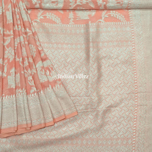 Peach Animal Motif Banarasi Khaddi Georgette Shikargah Saree