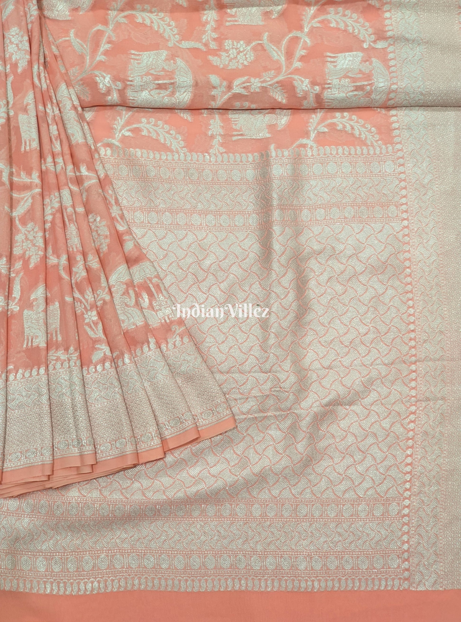 Peach Animal Motif Banarasi Khaddi Georgette Shikargah Saree