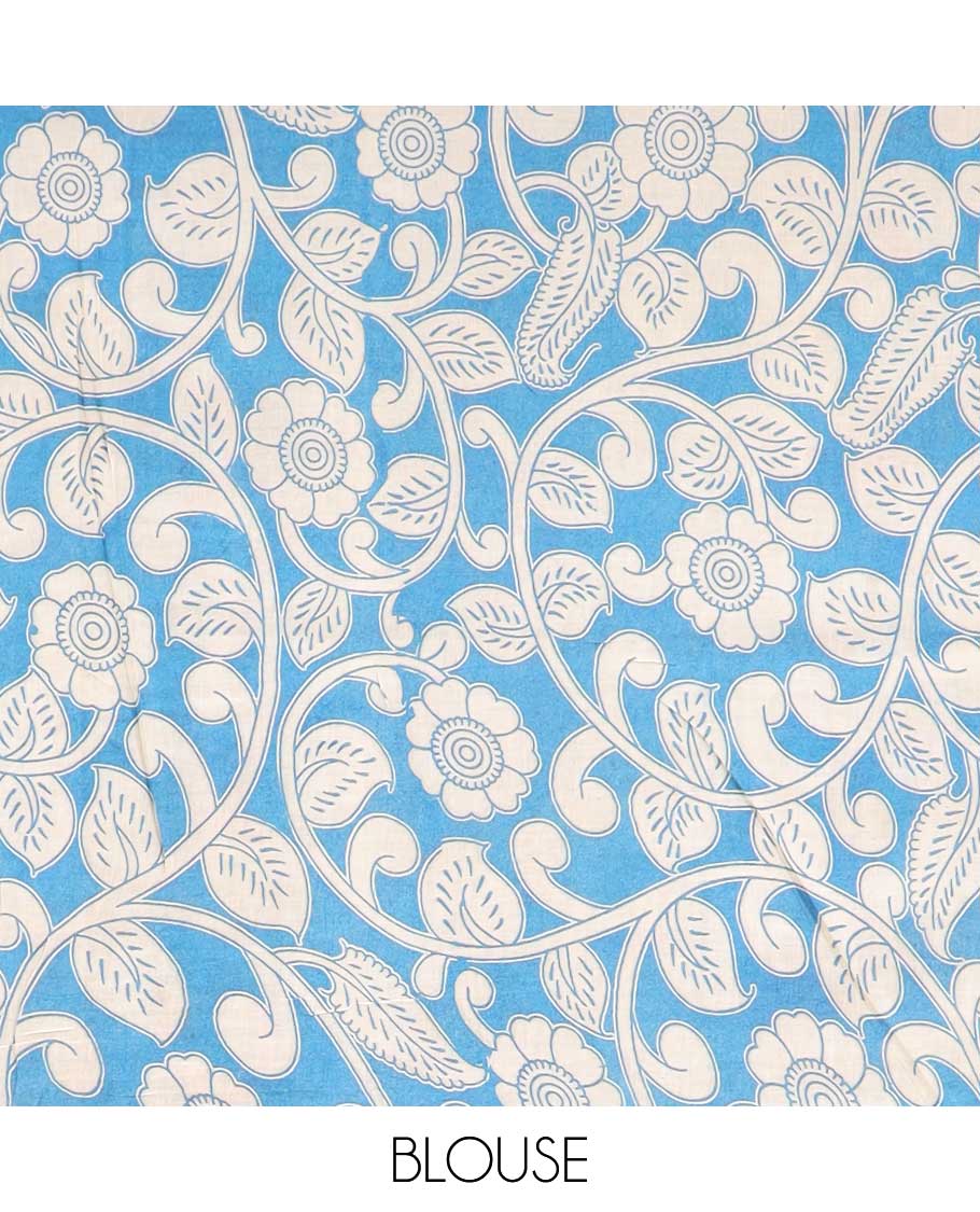 Yellow floral & bird machine-print kalamkari cotton saree, contrast diamond border & kaleidoscopic floral printed pallu