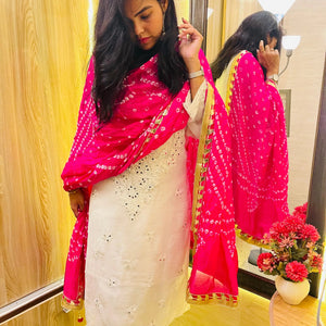 Mirror work Chikankari Kurti with Bandhani Dupatta Pant Set