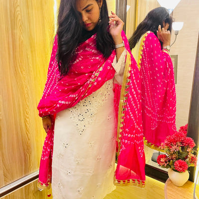 Mirror work Chikankari Kurti with Bandhani Dupatta Pant Set