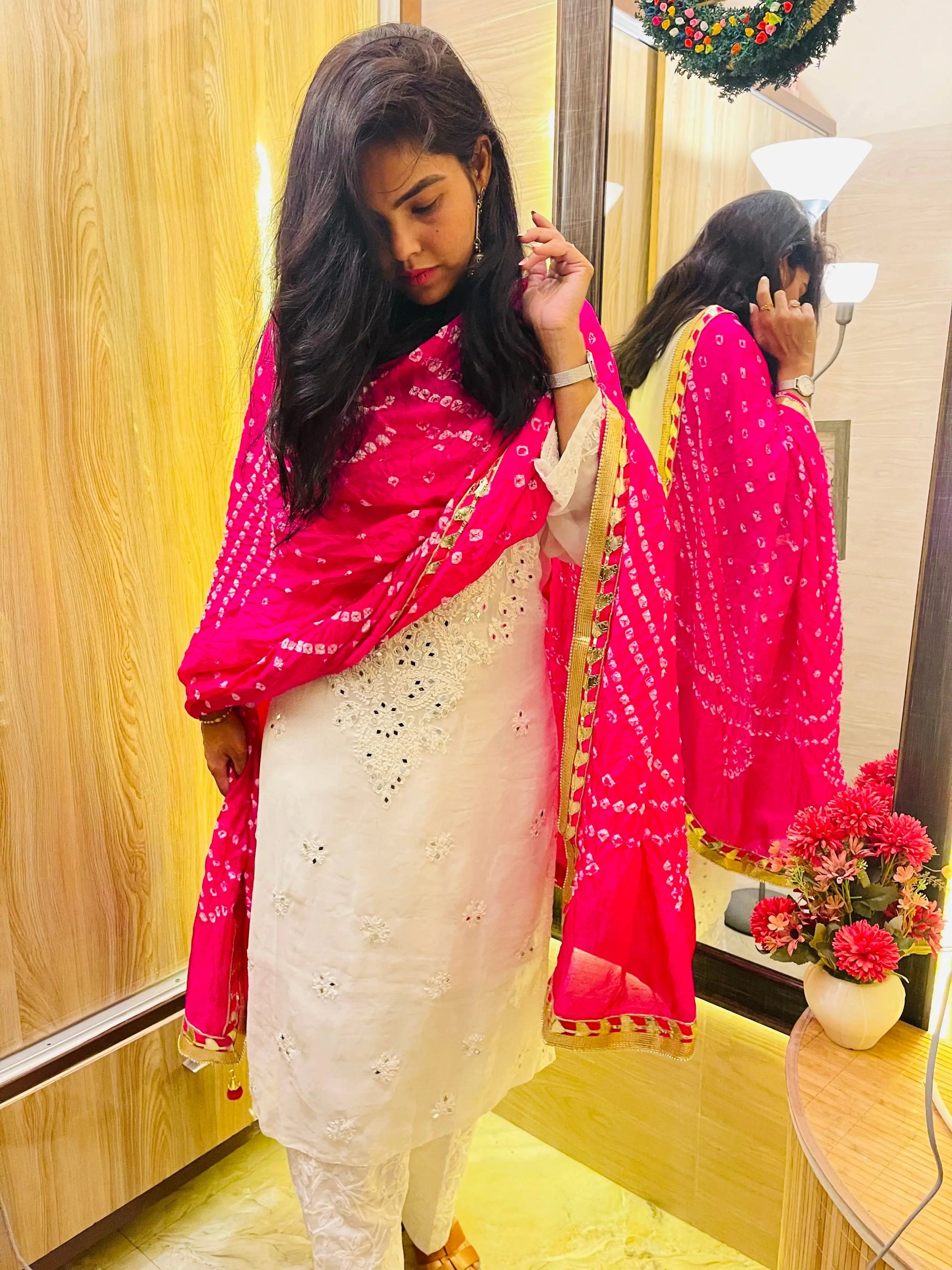 Mirror work Chikankari Kurti with Bandhani Dupatta Pant Set