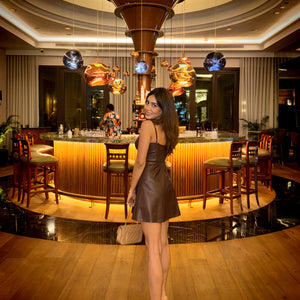 Jade Luxe PU Leather Skater Dress in Brown