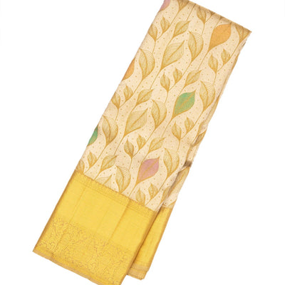 Gold Handloom Kanchipuram Silk Saree With Meena Floral Motifs