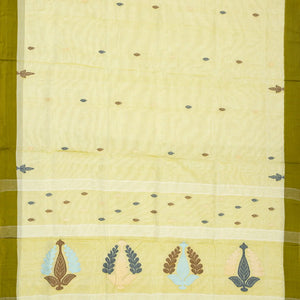 Lime Green Bengal Cotton Saree And Floral Motifs