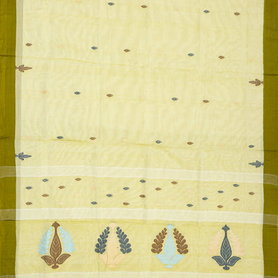 Lime Green Bengal Cotton Saree And Floral Motifs