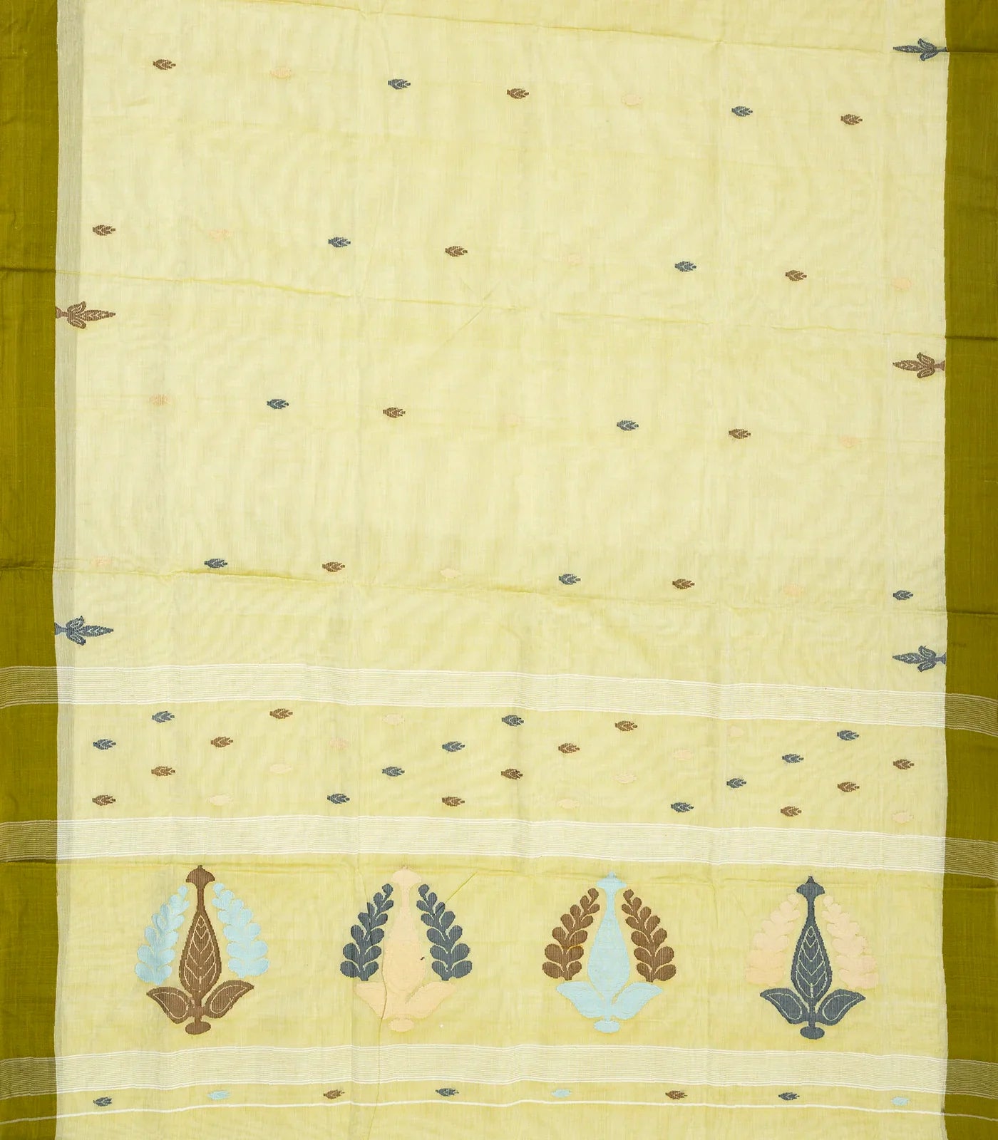 Lime Green Bengal Cotton Saree And Floral Motifs