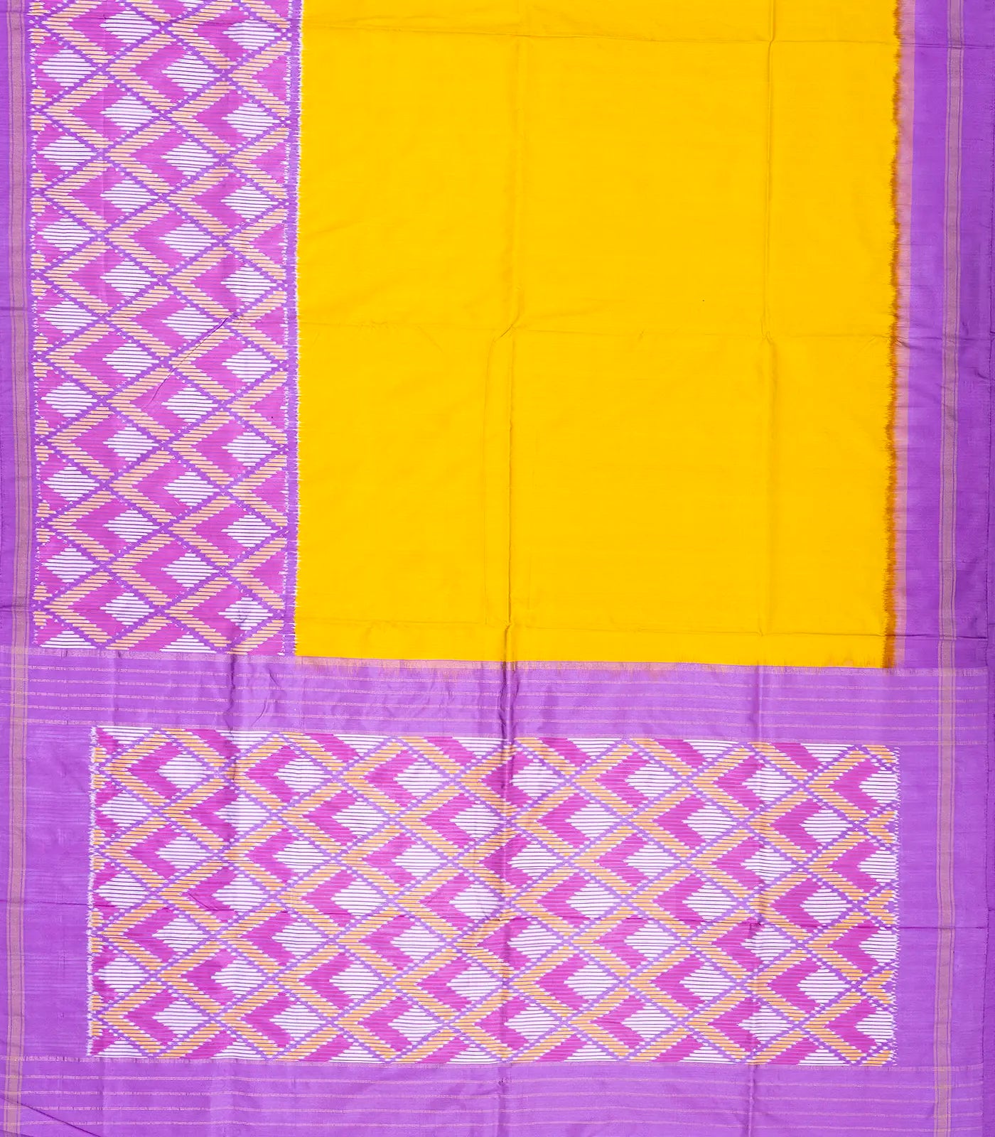 Turmeric Yellow Handloom Ikat Silk Saree With Contrast Lavender Border