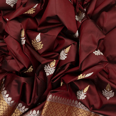Maroon Handloom Banarasi Silk Saree With Gold & Silver Zari Buttas