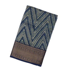 Navy Blue Woven Chanderi Cotton Saree With Printed Chevron Motifs
