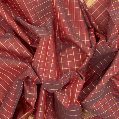 Peach Handloom Silk Cotton Saree With Zari Checks