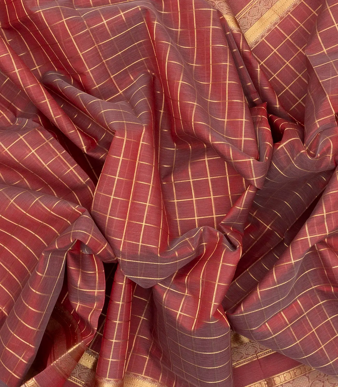 Peach Handloom Silk Cotton Saree With Zari Checks