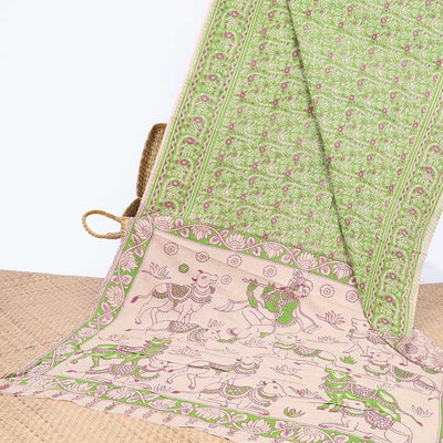 Green intricately machine-printed kalamkari cotton saree, contrast Pichwai cow & God Krishna motif pallu
