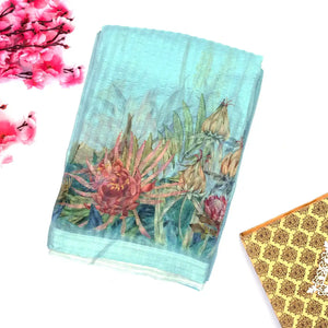 Turquoise Handwoven Banarasi Georgette Silk Saree Printed With Bird Motifs