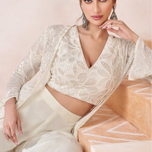 White Real Georgette Embroidered Sharara Set With Satin Georgette Shrug