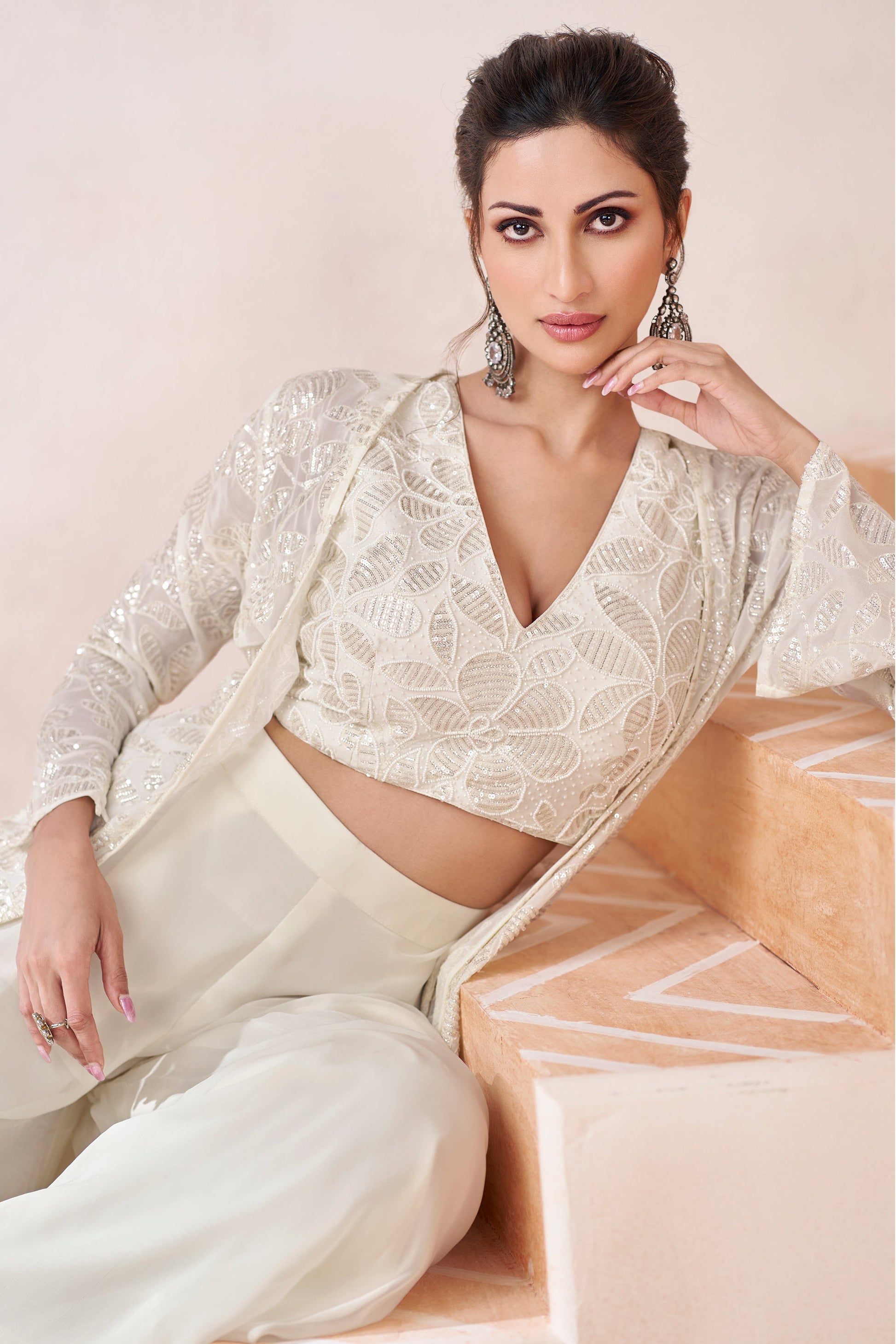 White Real Georgette Embroidered Sharara Set With Satin Georgette Shrug