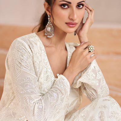 White Real Georgette Embroidered Sharara Set With Satin Georgette Shrug