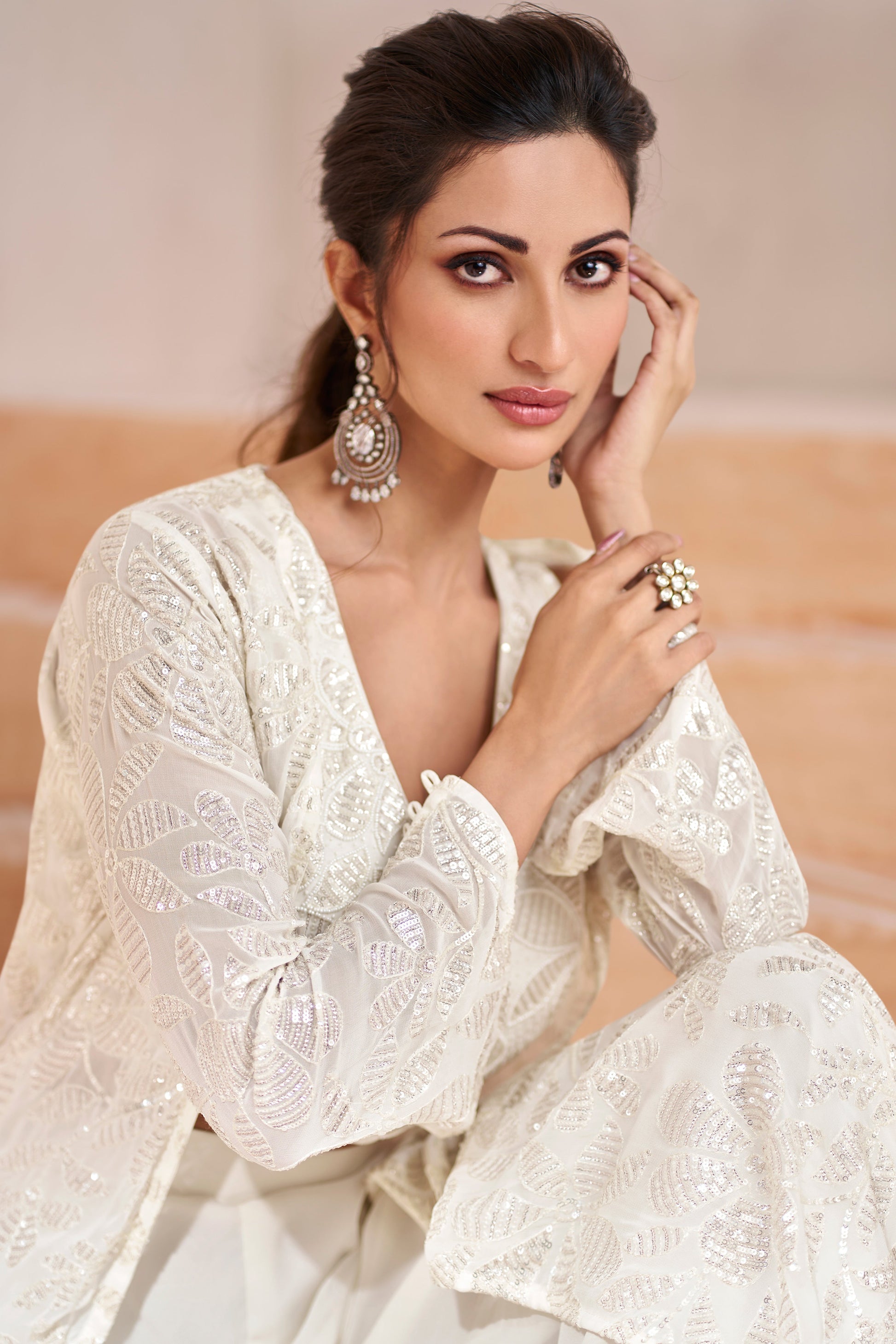 White Real Georgette Embroidered Sharara Set With Satin Georgette Shrug