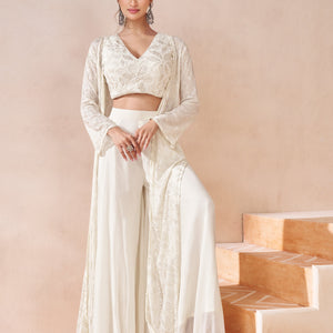 White Real Georgette Embroidered Sharara Set With Satin Georgette Shrug