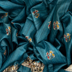 Indigo Handloom Tussar Silk Saree With Printed Tribal Motifs