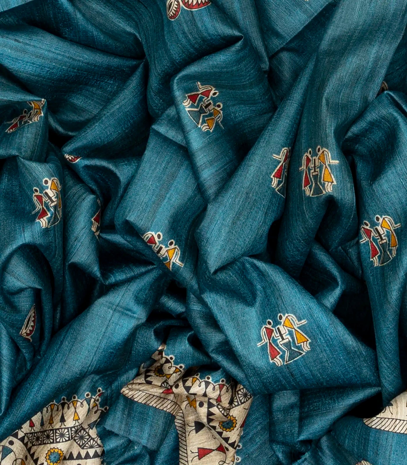 Indigo Handloom Tussar Silk Saree With Printed Tribal Motifs