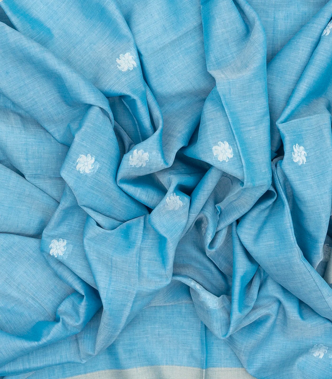 Light Blue Handloom Bengal Cotton Saree With Mango Buttas