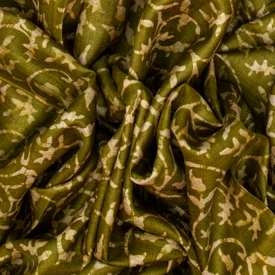 Olive Green Handloom Tussar Silk Saree With Printed Floral Motifs & Contrast Border