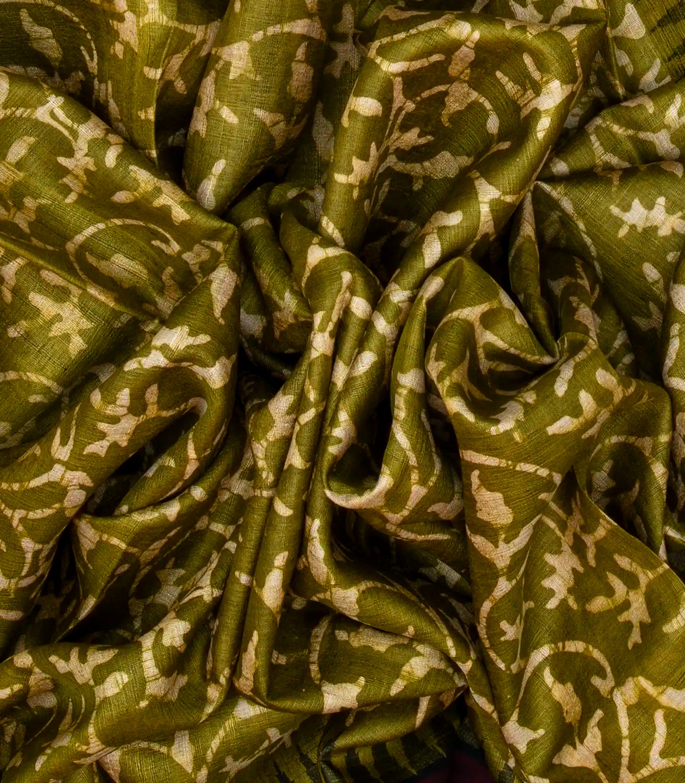 Olive Green Handloom Tussar Silk Saree With Printed Floral Motifs & Contrast Border