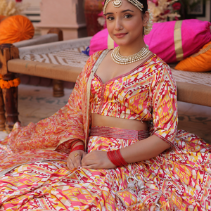 Creamy Crimson Blaze Printed Satin Lehenga Set