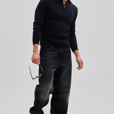 Black Zipper Knitted Polo T-Shirt