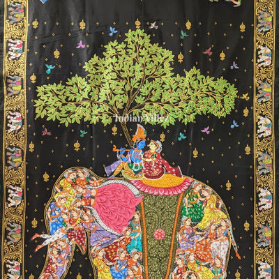 Black Kandarpa Hati (Elephant) Hand-Painted Pattachitra Saree