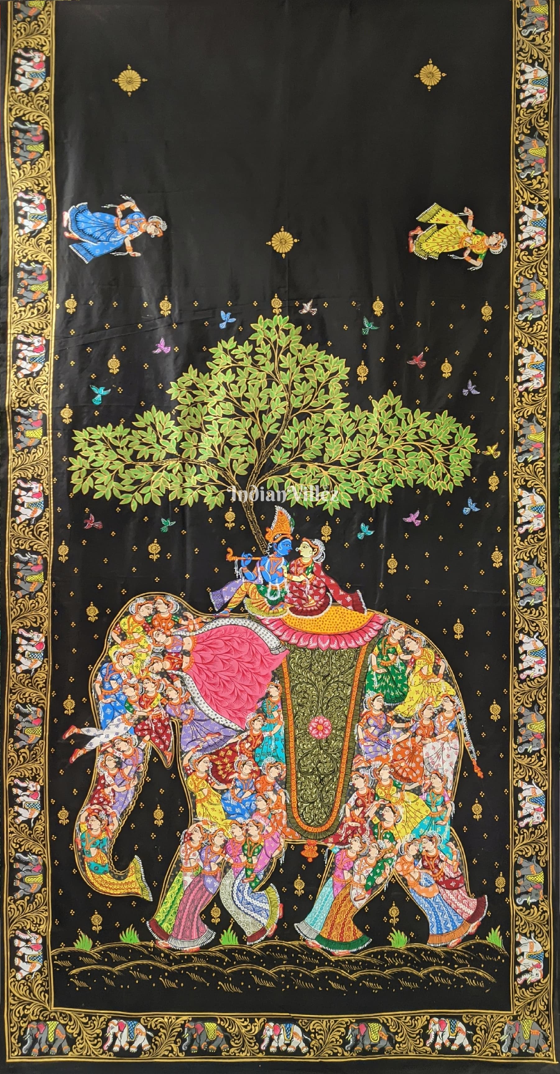 Black Kandarpa Hati (Elephant) Hand-Painted Pattachitra Saree