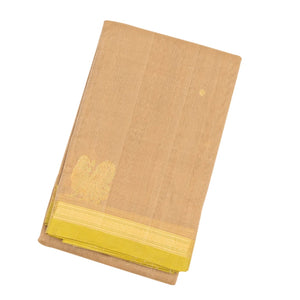 Taupe Handloom Kanchi Cotton Saree With Annam Buttas & Green Border.
