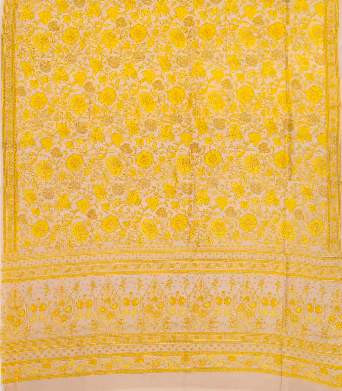 Taupe Handloom Chanderi Cotton Saree With Printed Yellow Floral Motif