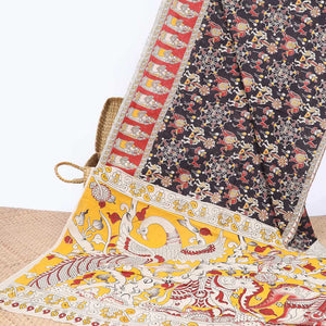 Black unique motifs machine-printed kalamkari cotton saree, contrast unique motifs border & animal motifs pallu