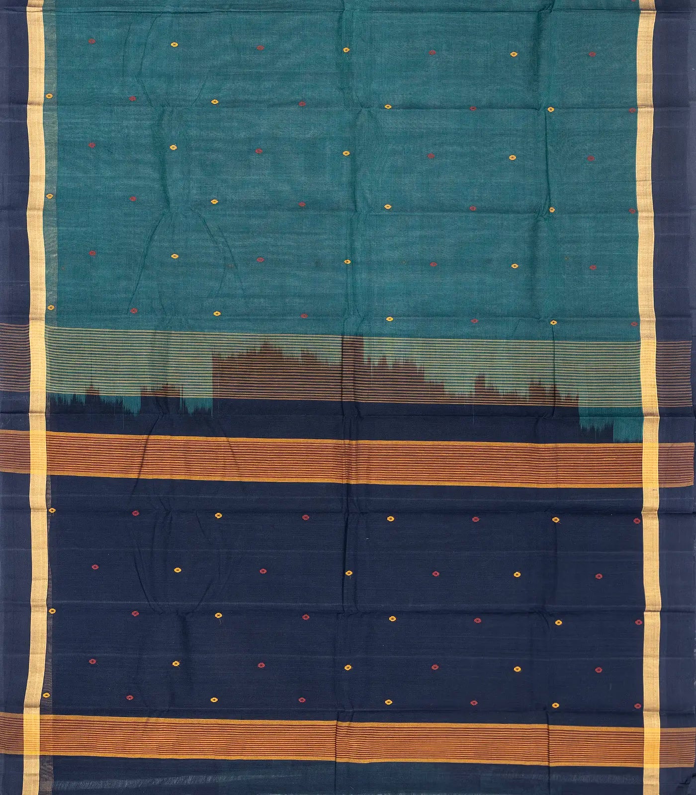 Blue Handloom Village Cotton Saree With Coin Buttas