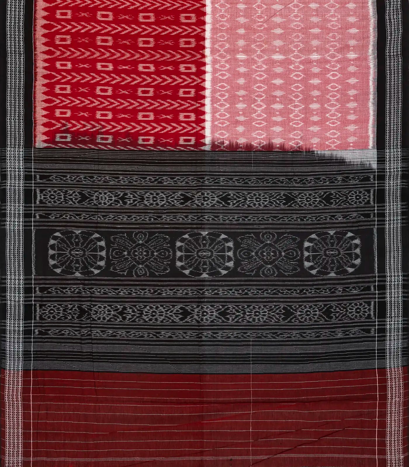 Red & Pink Handwoven Orissa Cotton Saree With Tie & Dye Motifs