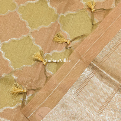 Lemon Peach Zari Woven Banarasi Tissue Saree