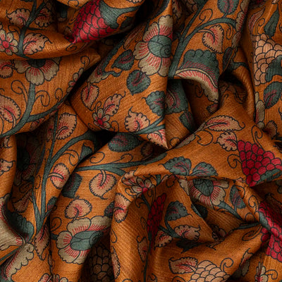 Mustard Handloom Tussar Silk Saree Printed With Floral Vine Motifs-Mustard