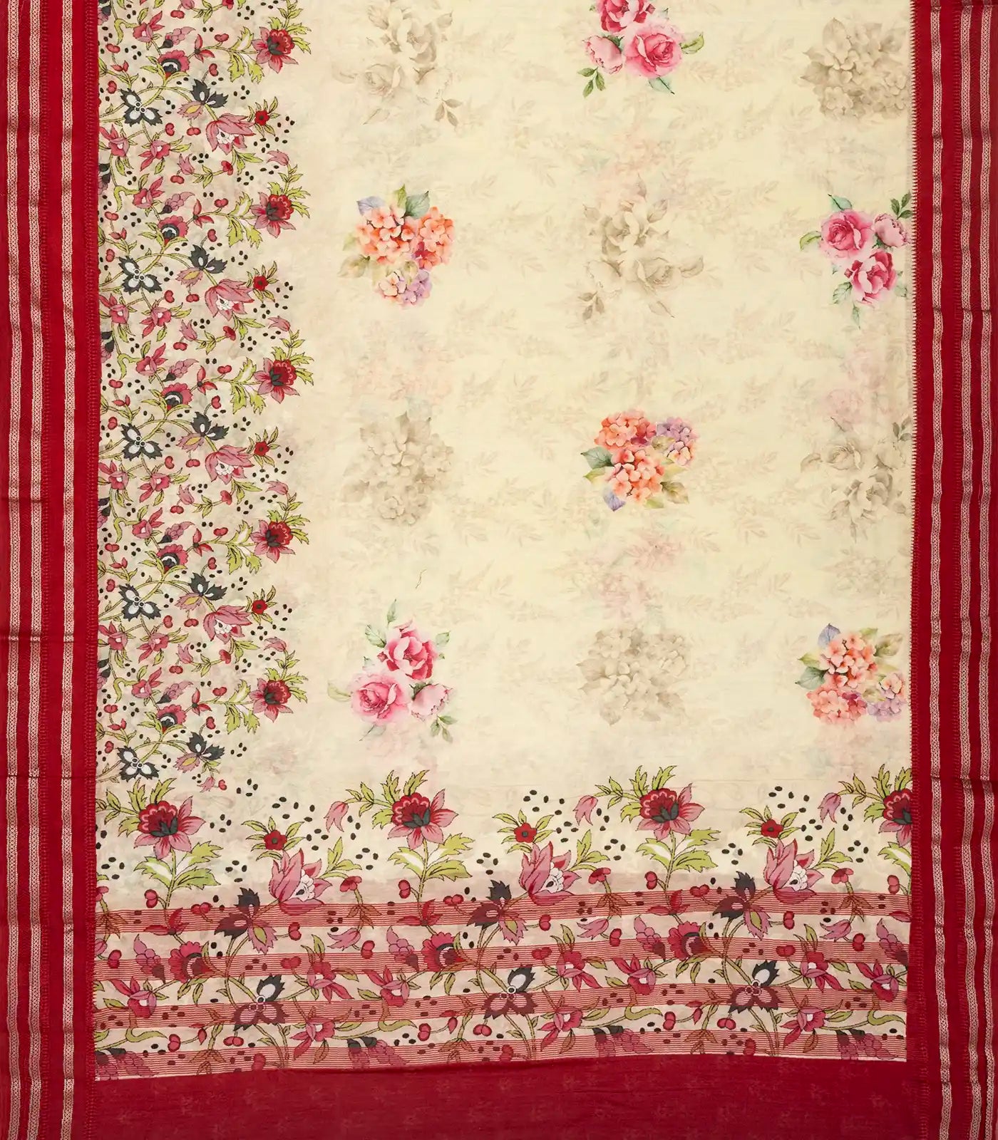 Off White Handloom Chanderi Cotton Saree With Printed Floral Motif