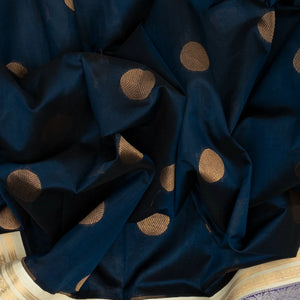 Midnight Blue Handloom Silk Cotton Saree With White Border