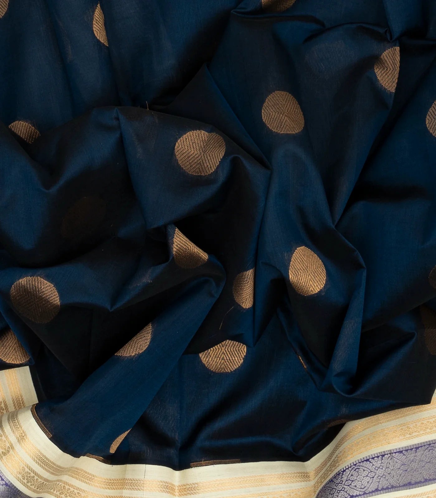 Midnight Blue Handloom Silk Cotton Saree With White Border