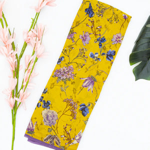 Lemon Yellow Woven Digital Printed Georgette Silk Saree With Floral Motifs