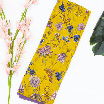 Lemon Yellow Woven Digital Printed Georgette Silk Saree With Floral Motifs