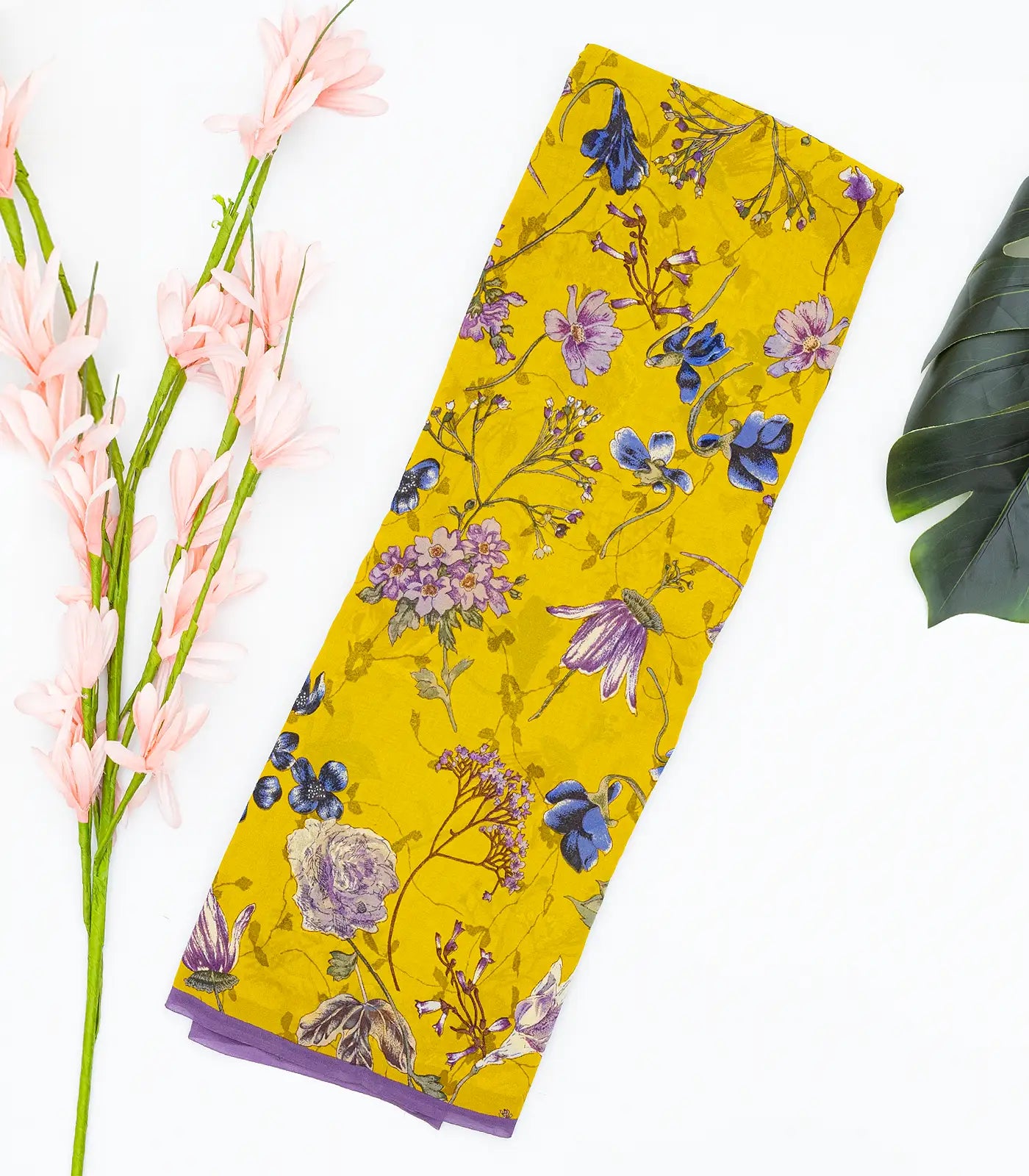 Lemon Yellow Woven Digital Printed Georgette Silk Saree With Floral Motifs