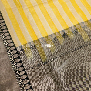 Yellow Stripes Pattern Designer Banarasi Tissue Saree