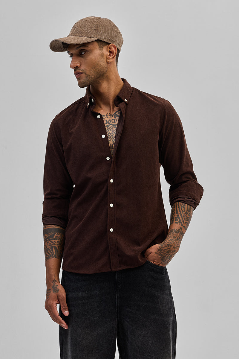 Dark Brown Slim Fit Corduroy Shirt