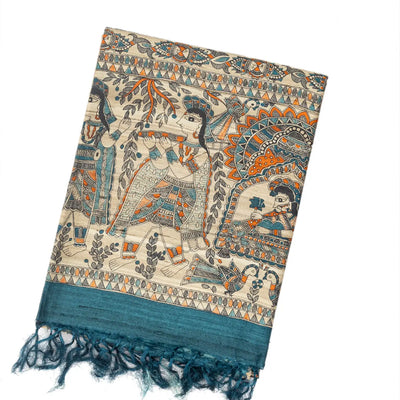 Taupe Handloom Tussar Silk Saree With Printed Cyan Floral Motifs